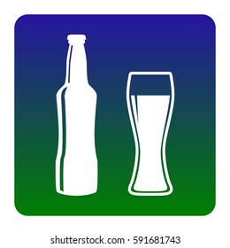 Beer bottle sign. Vector. White icon at green-blue gradient square with rounded corners on white background. Isolated.