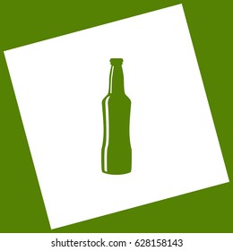Beer bottle sign. Vector. White icon obtained as a result of subtraction rotated square and path. Avocado background.