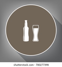 Beer bottle sign. Vector. White icon on brown circle with white contour and long shadow at gray background. Like top view on postament.