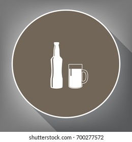 Beer bottle sign. Vector. White icon on brown circle with white contour and long shadow at gray background. Like top view on postament.