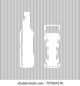 Beer bottle sign. Vector. White icon on grayish striped background. Optical illusion.