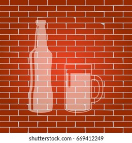 Beer bottle sign. Vector. Whitish icon on brick wall as background.