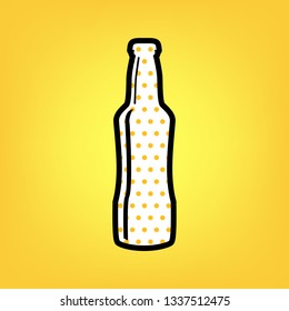 Beer bottle sign. Vector. Yellow polka dot white icon with black contour at warm yellow background.
