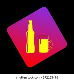 Beer bottle sign. Vector. Yellow icon at violet-red gradient square with rounded corners rotated for dynamics on black background.