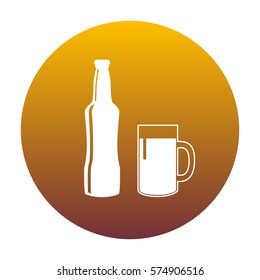 Beer bottle sign. White icon in circle with golden gradient as background. Isolated.