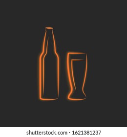 Beer bottle silhouette and beer glass grocery icon, neon glow design element for pub logo or brewery on a black background
