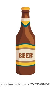 Beer bottle with a simple label design in shades of brown, yellow, and blue on a white background. Concept of beverage, drink packaging, and alcohol. Vector illustration