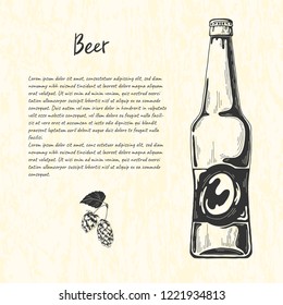 Beer bottle in sketch style. Vector illustration for bar menu