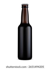 Beer bottle. Small craft ale dark glass mockup. Cool pub brewery brand concept, advertising template design. Amber glasses bottle with silver cap, minimalist alcohol lager