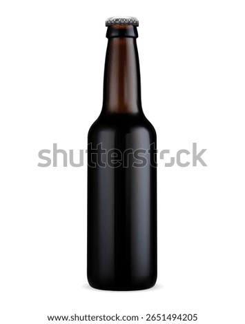 Beer bottle. Small craft ale dark glass mockup. Cool pub brewery brand concept, advertising template design. Amber glasses bottle with silver cap, minimalist alcohol lager