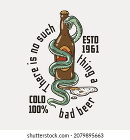 Beer bottle with snake for print. Original brew design of bottle of beer with serpent for bar