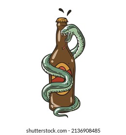 Beer bottle with snake for print. Original brew design of bottle of beer with serpent for bar