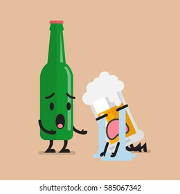 Beer bottle soothes sad glass of beer character. Funny cartoon emoticons