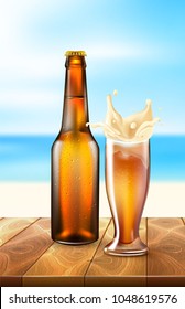 Beer bottle, splashing foam from glass of beer on wooden floor at beach seaside. Realistic vector poster, holiday vacation seaside party banner design template.