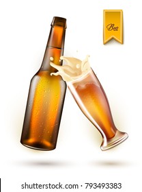 Beer bottle splashing foam from glass of beer template. Realistic vector 3d glass container toasting mockup refreshing alcohol drink beverage advertising brand design. Transparent party illustration