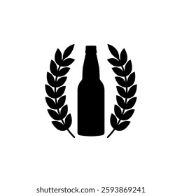 Beer bottle surrounded by laurel branches. Black Silhouette. Isolated vector illustration on white background.