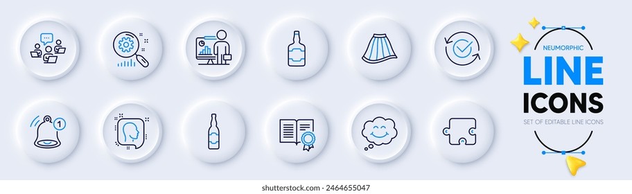 Botella de cerveza, trabajo en equipo e iconos de línea de recordatorio para el App de Web. Paquete de Maestro, Diploma, Puzzle pictograma iconos. Estadísticas de Búsqueda, botella de whisky, letreros de falda. Sonríe, Cabeza, Aprobado. Cerveza artesanal. Vector