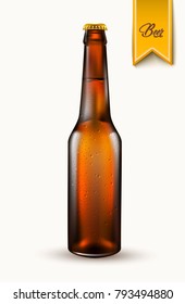 Beer bottle template. Realistic vector 3d glass container mockup, refreshing alcohol drink, beverage for advertising, logo brand label design. Transparent brown bar party symbol. Isolated illustration