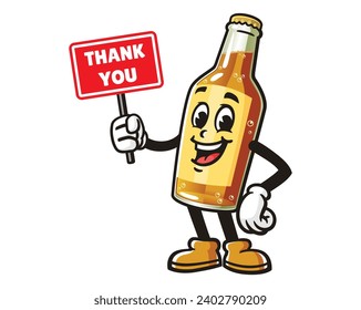 Beer Bottle with thank you sign board  cartoon mascot illustration character vector clip art