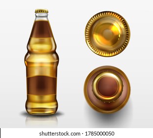 Botella de cerveza vista superior e inferior, bebida alcohólica en frasco de vidrio blanco con corcho metálico cerrado y líquido aislado sobre fondo blanco, elementos de diseño para publicidad. Mockup realista de vectores 3d, iconos