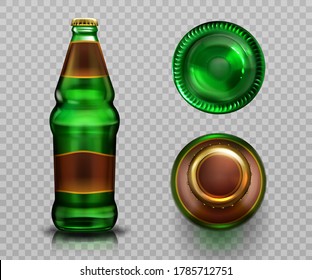 Beer bottle top and bottom view, alcohol drink in green glass flask with blank labek closed metal cork and liquid isolated on transparent background, design Realistic 3d vector advertising elements