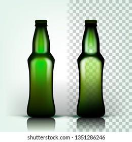 Beer Bottle Vector. Alcohol Label. Bar Flyer Element. Vintage Beverage. Green. 3D Transparent Isolated Realistic Illustration