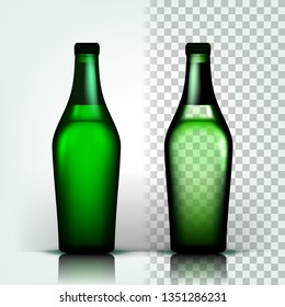 Beer Bottle Vector. Craft Cold Drink. Brewery Poster. Pub Refreshment. Green. 3D Transparent Isolated Realistic Illustration