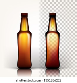 Beer Bottle Vector. Empty Glass For Craft Beer. Mockup Blank Template. Brown. 3D Transparent Isolated Realistic Illustration