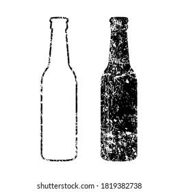 Beer bottle vector icon with grunge texture. Lemonade soda drink symbol. Bar or pub sign. Brewery and restaurant logo. Black silhouette isolated on white background.