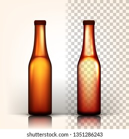 Beer Bottle Vector. Oktoberfest Brew. Alcoholic Sign. Brown. 3D Transparent Isolated Realistic Illustration
