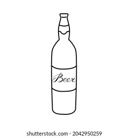 Beer bottle. Vector outline hand drawn illustration in doodle style. For invitation, beer bar menu, poster, flyer