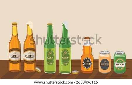 Beer bottle vector set. Clipart of green and brown beer bottle. Oktoberfest element. Flat vector in cartoon style isolated on table background.