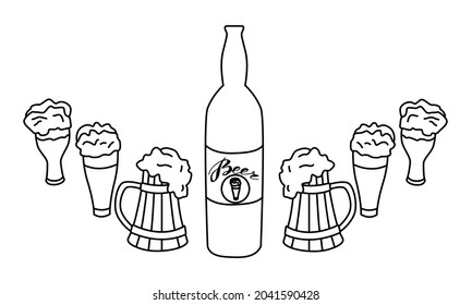 Beer bottle with vintage wooden mugs. Vector outline hand drawn illustration in doodle style. For invitation, beer bar menu, poster, flyer