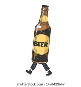 Beer bottle walks on its feet color sketch engraving vector illustration. Scratch board style imitation. Black and white hand drawn image.