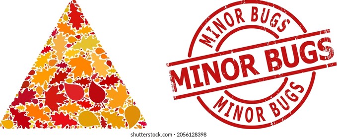 Beer Bottle Warning composition icon done for fall season, and Minor Bugs dirty stamp. Vector beer bottle warning mosaic is done of scattered autumn maple and oak leaves.