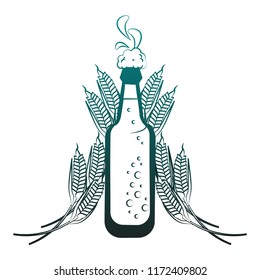 Beer bottle and wheat in blue lines