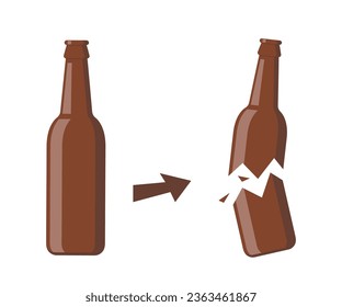 Beer bottle, whole and broken. Bottle broken into two halves. Broken, cracked glass bottle. Vector illustration