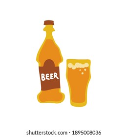 Beer bottle and wineglass on white background. Cartoon sketch graphic design. Doodle style. Hand drawn image. Party drinks concept. Freehand drawing style. Vector.
