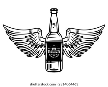 Beer bottle with wings vector illustration in monochrome vintage style isolated on white background