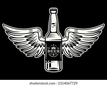 Botella de cerveza con alas ilustración vectorial en el estilo vintage del tatuaje sobre fondo oscuro