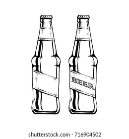 Beer bottle with and without inscription. Vector illustration in ink hand drawn style. isolated on white.