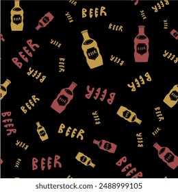 Beer bottle and the word Beer seamless vector pattern background. Hand-drawn alcoholic drinks bottles and text scattered backdrop. Retro lettering style in black, red, amber gold for bar, business