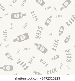 Beer bottle and the word Beer seamless vector pattern background. Hand-drawn alcoholic drinks bottles and text scattered backdrop. Neutral ecru beige white repeat. Retro lettering style.