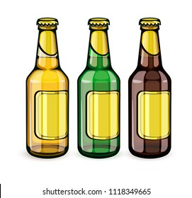 Beer bottles with blank gold labels. Set of full filled with crafting brewery beer drink glass tare closed with caps, isolated white background. EPS10 vector illustration.