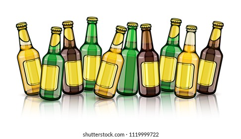 Beer bottles with blank gold labels. Set of full filled with crafting brewery beer drink glass tare closed with caps, isolated white background. EPS10 vector illustration.