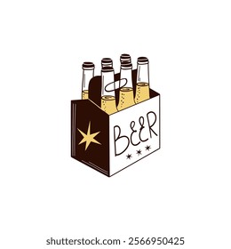 Beer bottles in box. Alcohol beverages, ale, lager and ipa, craft foam barrel or brewery. Oktoberfest festival symbols. Different pub and bar drinks. Vector flat isolated illustration