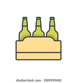 Beer bottles in the box flat line colored icon.