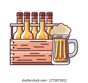 Beer bottles box and glass design, Pub alcohol bar brewery drink ale and lager theme Vector illustration