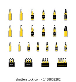 Beer in bottles and boxes with bubbles, colored icon on white background. Vector