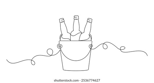 Beer bottles with bucket in line art style. Party vector elements.